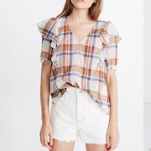 Madewell V-Neck Shoulder Ruffle Top-Plaid